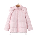 Detail of pink striped hooded puffer jacket with zipper closure and adjustable drawstring - S / Tops / Pink