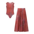 Ensemble deux pièces pour femme avec body sans manches et jupe longue à imprimé vagues - S / Imprimé Abstrait Terre Cuite