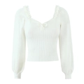 Women's white long sleeve knit sweater featuring ruffled V-neckline and tie bow detail - S / White
