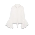 Elegante blusa de encaje blanco con cuello alto con lazo y mangas acampanadas multicapa - XS / Blanco