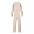Slim fit beige ribbed knit jumpsuit with long sleeves and front zipper closure - S / Beige
