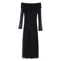 Elegant black lace off-shoulder long sleeve dress with intricate hollow-out floral patterns - S / Black