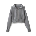 Detail of grey cropped zip-up hoodie featuring ribbed cuffs and drawstring hood - Top (Dark Gray Hoodie A03)