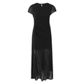 Dettaglio della vita arricciata e dello spacco alto su un abito nero slim fit da donna - Taglia S / Nero