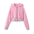 Close-up of pink cropped zip-up hoodie featuring ribbed cuffs and metal zipper details - Top (Pink Hoodie A03)