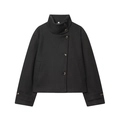 Detail of high collar and dark buttons on a black wool coat with textured fabric - XS / Tops / Black