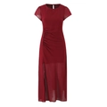 Dettaglio delle eleganti pieghe laterali e dei bottoni decorativi sull'abito lungo bordeaux - Taglia S / Rosso scuro
