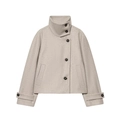 Detail of oatmeal wool coat featuring asymmetrical button closure and standing collar - XS / Tops / Milky White