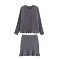 Conjunto de punto de 2 piezas para mujer con cárdigan con volantes y minifalda gris - S / Gris