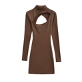 Dunkelbraunes, eng anliegendes Langarmkleid mit Cut-out-Detail und Stehkragen - S / Kaffeebraun