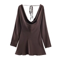 Detail view of the elegant cowl back design and slim ties on a brown satin dress - Dark Brown