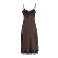 Elegant chocolate satin midi dress with black lace trim and adjustable thin straps - S / Coffee