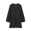 Women's black V-neck long sleeve mini dress with waist tie and elastic cuffs - XS / Black