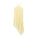 Pale yellow satin slip dress with white lace trim and thin cross-straps, flat lay view - XS / Light Yellow