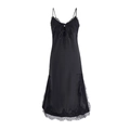 Sleek black satin backless dress with lace trim and bow accent for a sexy look - S / Black