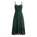 Elegante abito midi verde scuro con spalline sottili e dettaglio orlo a balze - S / Verde Scuro