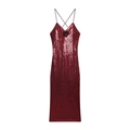 Elegante bordeauxrode paillettenjurk met V-hals, kruisbandjes en 3D-bloemaccenten - XS / Rood