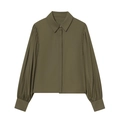 Camisa de popelina verde oliva para mujer con mangas abullonadas y cuello de pico - XS / verde oliva