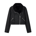 Veste moto femme en daim noir avec col en fourrure et fermeture éclair asymétrique - XS / Noir