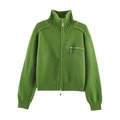 Grass green knit zip-up cardigan with high collar and ribbed texture for winter fashion - Green
