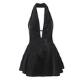 Mini abito nero sexy con scollo all'americana e profondo scollo a V e gonna a pieghe - S / Nero
