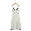 Sleeveless white polka dot dress with V-neckline and black lace trim on the hemline - S / White Polka Dot