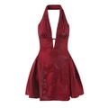 Elegante abito corto rosso scuro con scollo all'americana e finitura metallica lucida - S / Borgogna