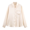 Elegant champagne silk long sleeve shirt with lapel collar and chest pocket for women - XS / Apricot