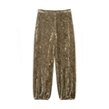 Detail of high-waist velvet lantern pants with metallic floral print and gathered cuffs - XS / Trousers/Olive Green