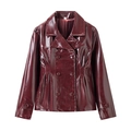Detail of burgundy glossy faux leather jacket featuring retro crackle texture and lapel - S / Tops / Burgundy