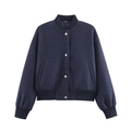 Donkerblauwe wollen honkbaljas met zilveren knopen en geribbelde boorden op wit - XS / Marineblauw