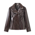 Detail of dark brown faux leather jacket featuring lapel collar and double-breasted buttons - S / Tops / Dark Brown