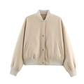 Klassiek beige wollen-look varsity jasje met zilveren drukknopen en geribbelde boorden - XS / Beige