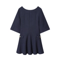 Elegant navy blue tweed dress featuring a boat neck and decorative gold buttons - XS / Navy Blue