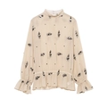 Elegante semi-transparante blouse met lange mouwen, zwarte paillettenborduursels en ruches - XS / Abrikoos