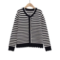 Striped knit cardigan in black and white with decorative wavy scalloped edges - S