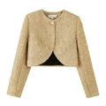 Golden tweed cropped jacket with metallic threads and shoulder pads for women - S / Gold