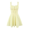 Abito corto senza maniche giallo tenue con pizzo allo scollo e fiocchi decorativi - S / Giallo