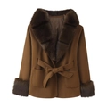 Brauner Wollmantel mit dickem Kunstpelzkragen und Manschetten, Taillengürtel-Design - S / Khaki