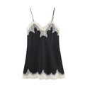 Elegant black satin camisole with white eyelash lace trim and thin shoulder straps - XS / Black