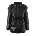 Parka noire brillante pour femme avec capuche et cordon de serrage à la taille - S / Noir