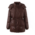 Veste matelassée marron foncé pour femme avec capuche et taille à cordon de serrage - S / café