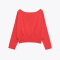 Elegante maglione in maglia rosso con spalle scoperte, vita a coste e dettagli pieghe - S / Rosso