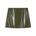 Detailed view of olive green faux leather A-line mini skirt with glossy wrinkled texture - S / Bottoms / Olive Green