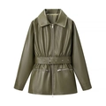 Veste de motard en similicuir vert olive avec col à revers et ceinture réglable - S / Vert