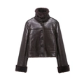Short brown faux leather jacket for women with plush fur trim and large patch pockets - XS / Coffee