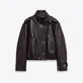 Women's faux leather jacket with double-breasted buttons and standing collar detail - XS / Black