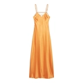 Detail of a bright orange satin maxi dress showing the silky texture and thin straps - XS / Top And Bottom / Orange Red