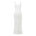 Abito lungo elegante in raso bianco con corsetto, scollo quadrato e gonna drappeggiata - S / Bianco