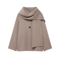 Kurzer Wollmantel in Hellbraun mit integriertem Schalkragen und schwarzem Knopf - XS / Khaki